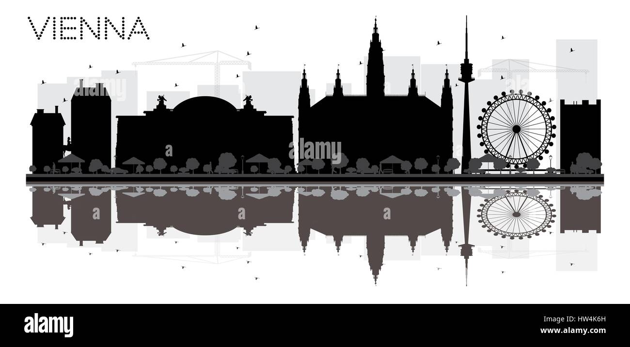 Vienna City skyline black and white silhouette with reflections. Vector illustration. Simple flat concept for tourism presentation, banner Stock Vector
