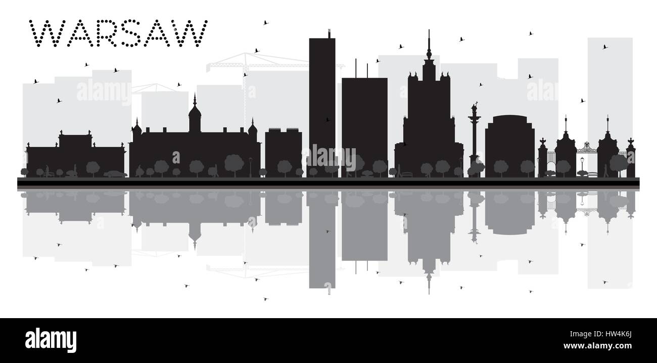 Warsaw City skyline black and white silhouette with reflections. Vector ...
