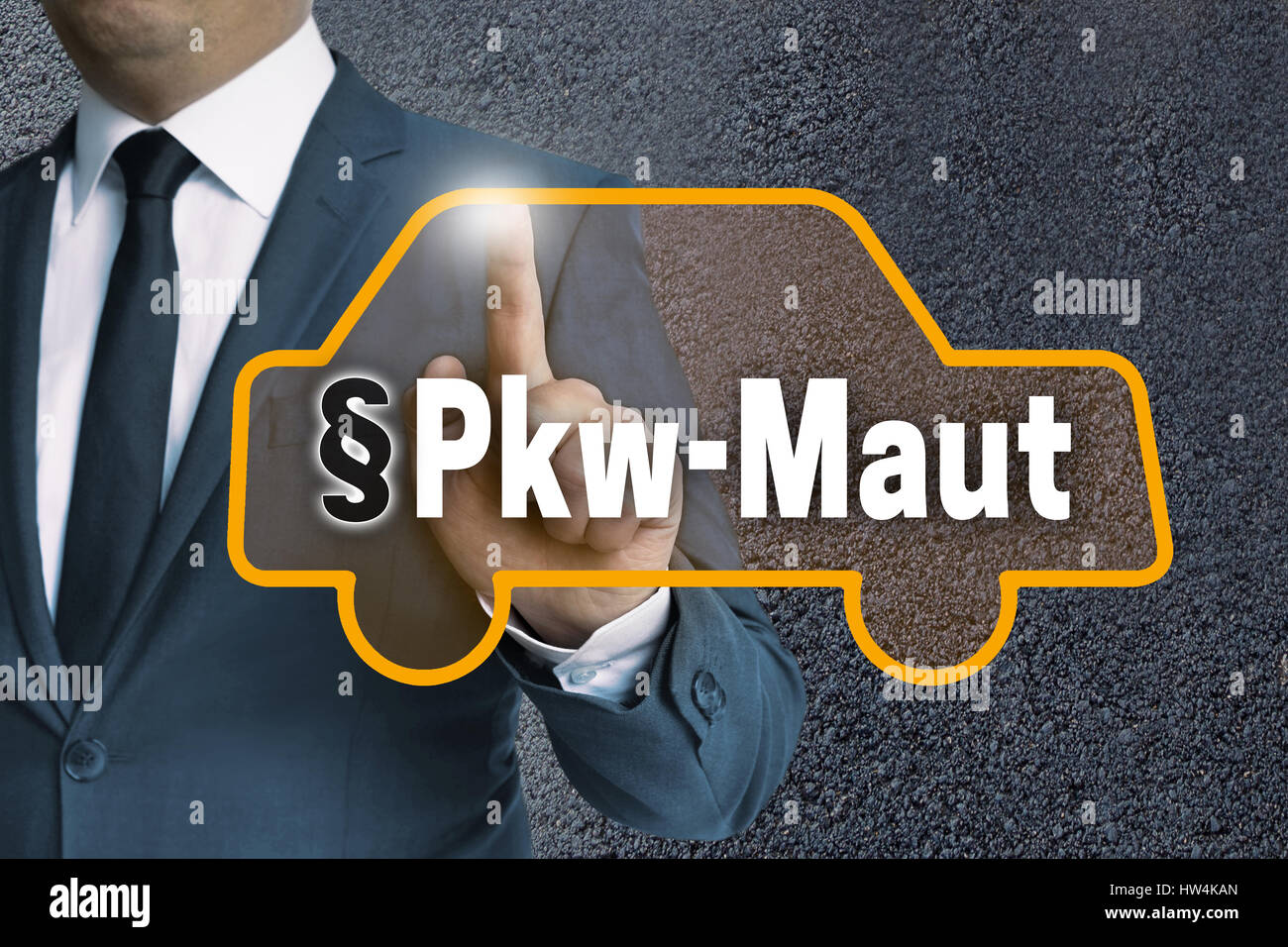PKW-Maut (in german Car toll) auto touchscreen is operated by businessman concept. Stock Photo