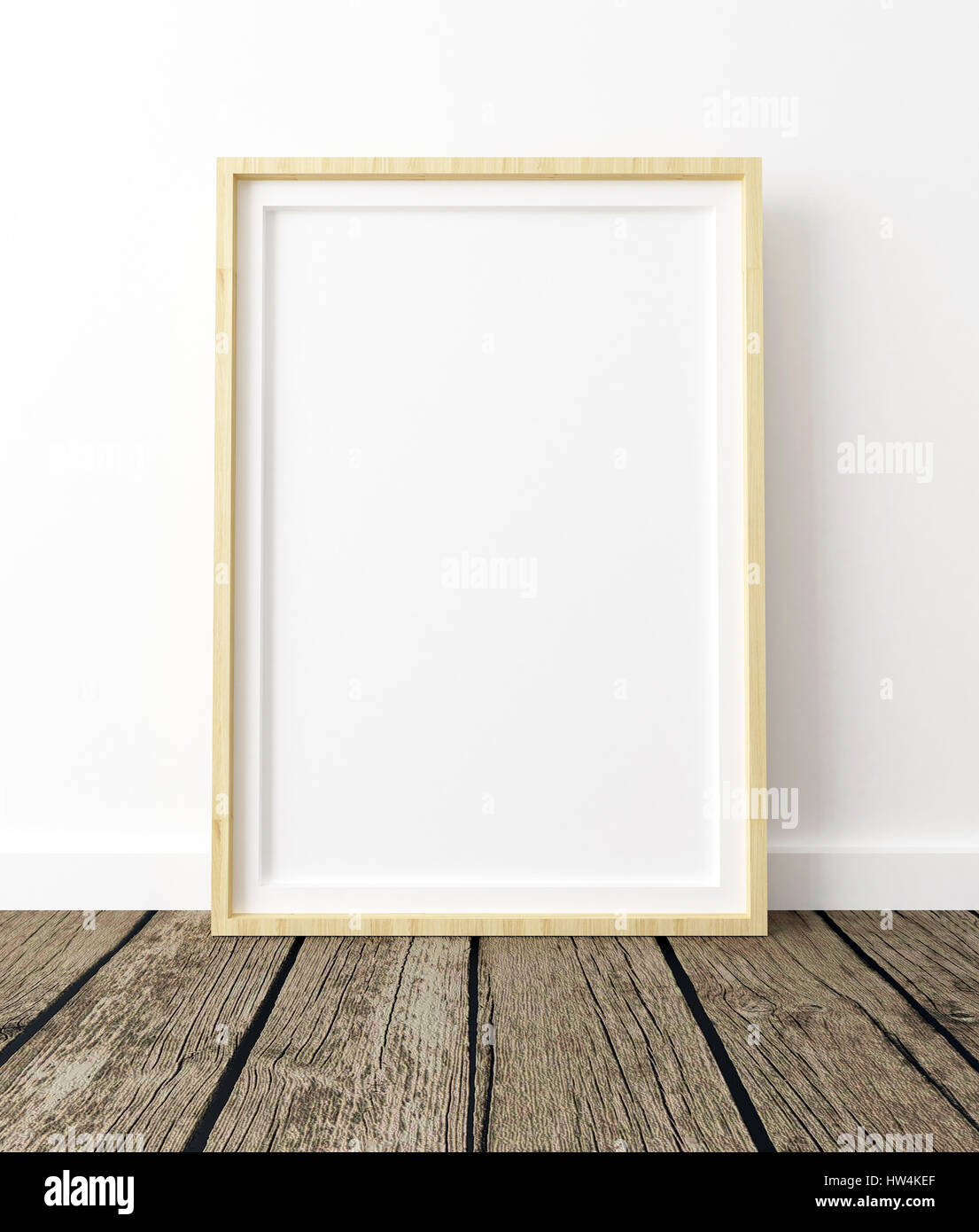 Poster Mockup On white Background, Wood Frame, Empty Interior, 3d Render Stock Photo