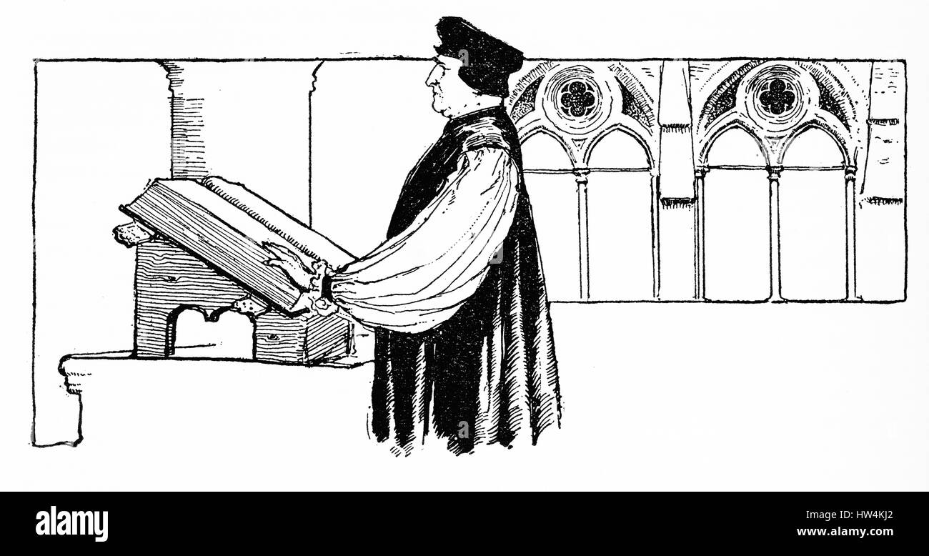 Engraving of clergyman in a formal church building. From an original engraving in the Historian's History of the World, 1908 Stock Photo