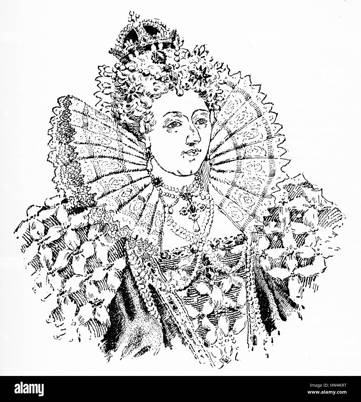 Engraving of Elizabeth I, queen of England. (1533-1603) From an original engraving in the Historian's History of the World, 1908 Stock Photo
