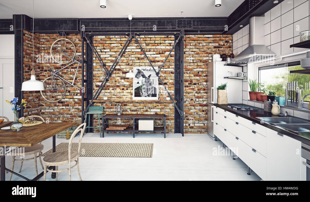 Modern Loft Kitchen Interior 3D Rendering Concept Stock Photo Photo Inspiration