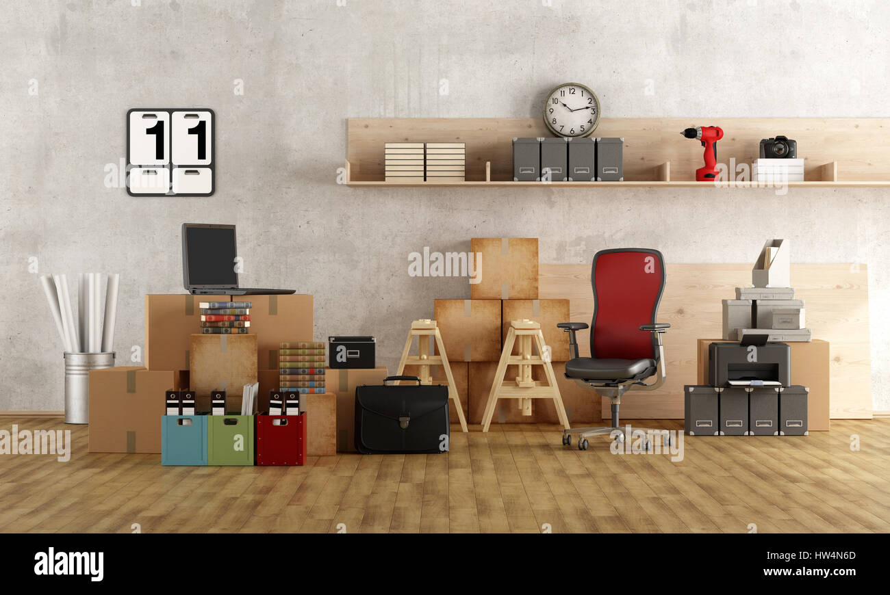 Interior moving office with furniture,cardboard boxes, laptop and other objects - 3d rendering Stock Photo