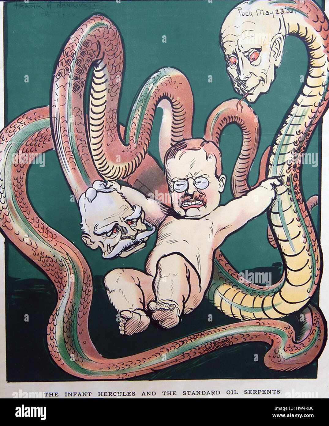 STANDARD OIL COMPANY. A 1906 Puck magazine cartoon showing President Theodore Roosevelt as an infant Hercules battling with John D. Rockefeller at right and Nelson W. Aldrich Stock Photo