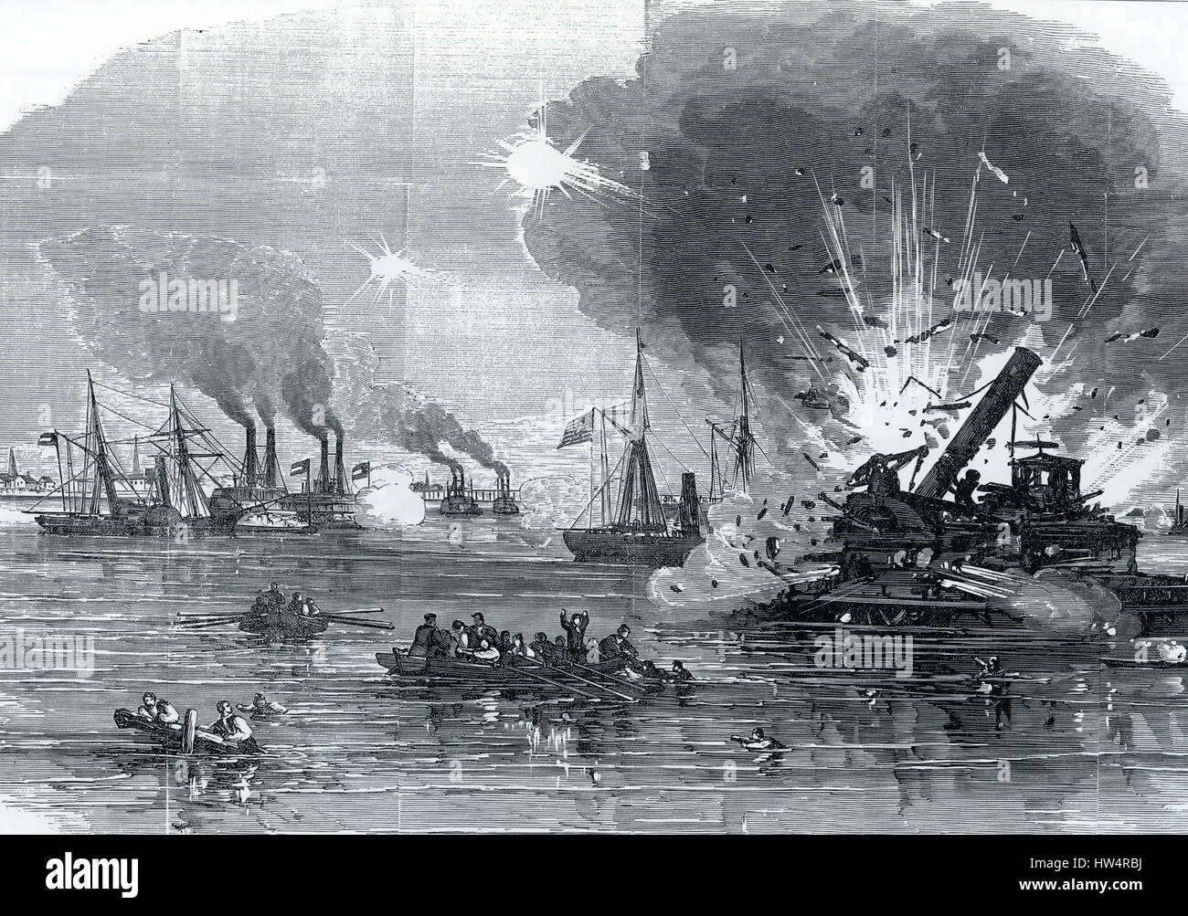 U.S.S. WESTFIELD EXPLODES in Galveston Bay, Texas, 1 January 1893 during the American Civil War Stock Photo