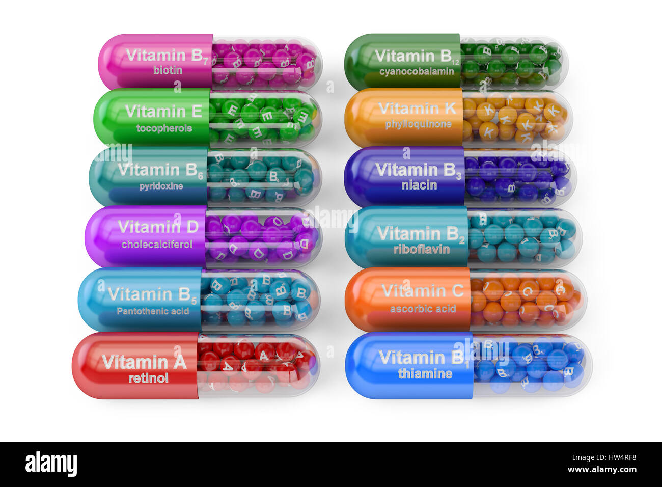Set of vitamin capsules, 3D rendering isolated on white background Stock Photo