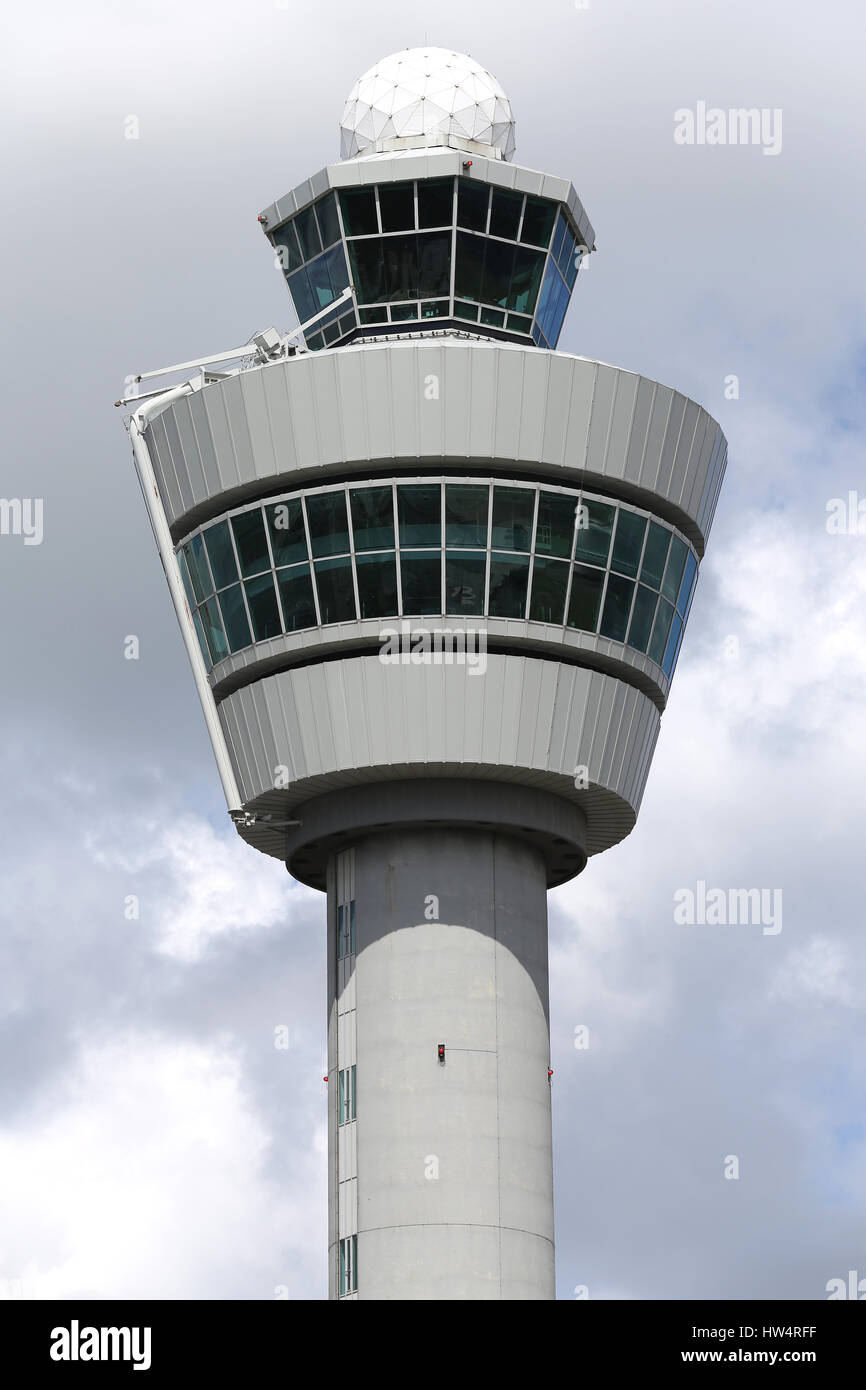 Air traffic control tower of Amsterdam Airport Schiphol. With a height of 101 m (331 ft), was the tallest in the world when constructed in 1991. Stock Photo