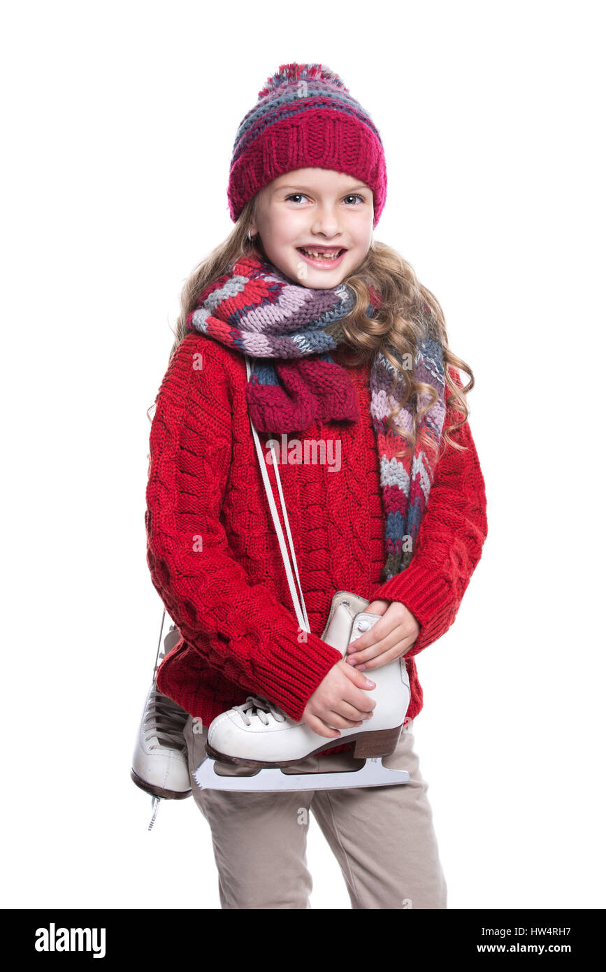 Cute smiling little girl with curly hairstyle wearing knitted sweater ...