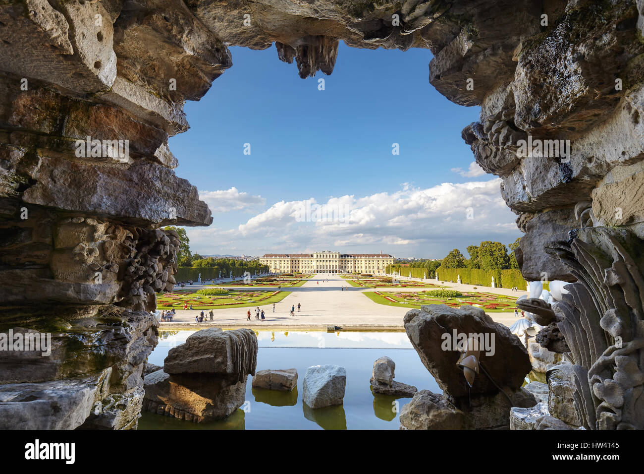 Vienna, Austria - August 14, 2016: Fountain view of the Schonbrunn Palace, former imperial summer residence and a major tourist attraction in the city Stock Photo