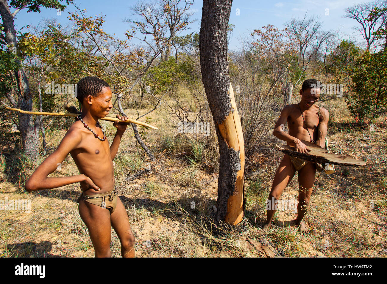 Bushmen people in the african bush at Grashoek, northern Namibia Stock Photo
