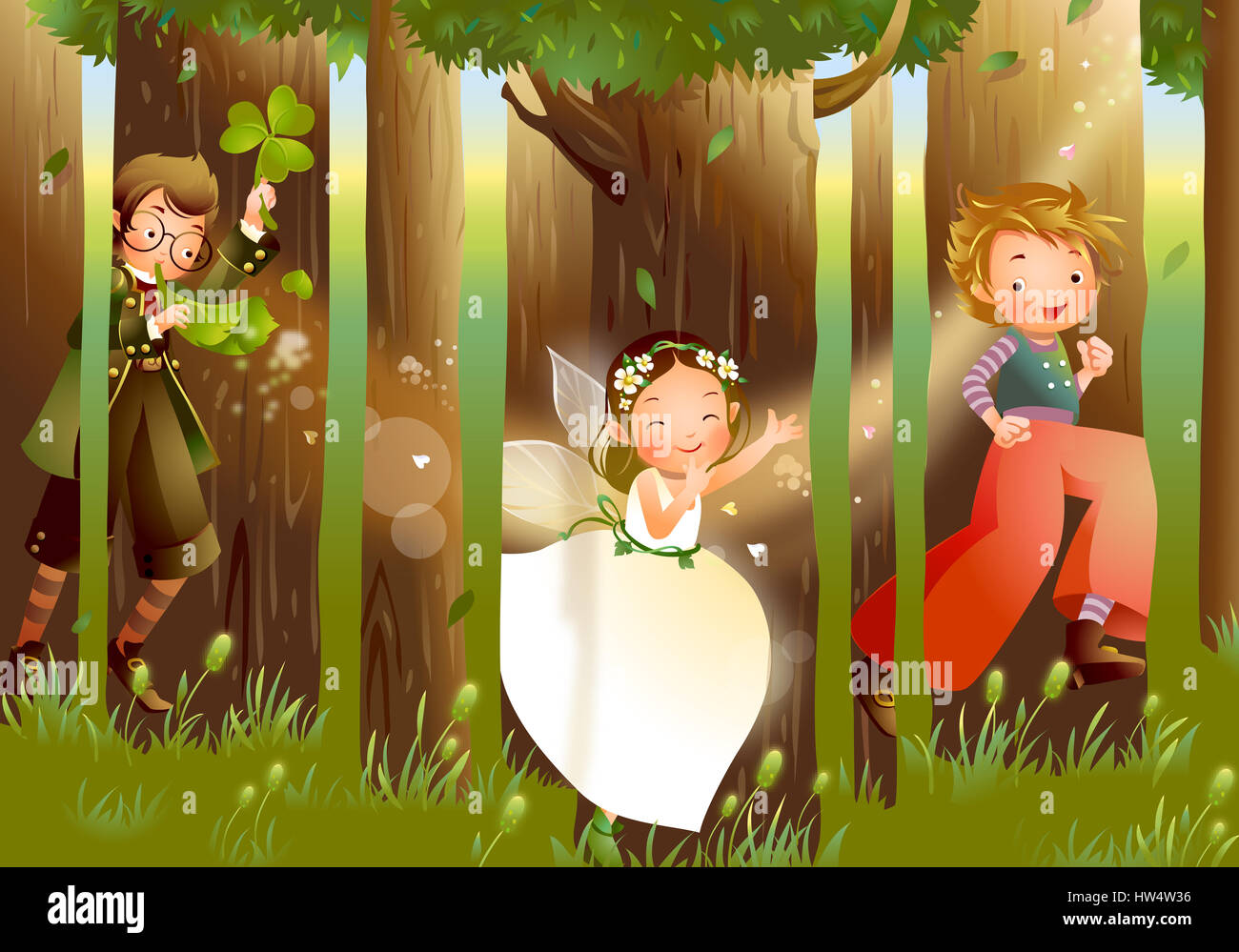 Boys Boy Male Casual Clothing Children Only Clipart Color Colour Color Image Computer Graphics Costume Day Digitally Generated Image Eyeglasses Fairy Forest Front View Full Length Girls Girl Child Kid Female Graphics Grass Horizontal Illustration
