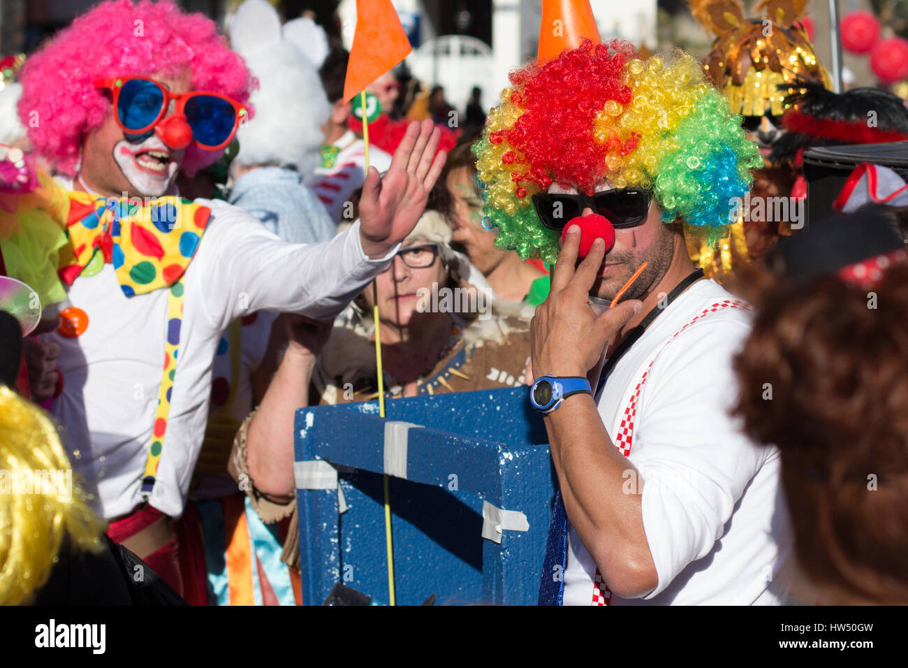 Tenerife, Spain - March 04, 2017: Clowns / people in clown costumes celebrating carnival (Carnaval de  Santa Cruz de Tenerife). Stock Photo