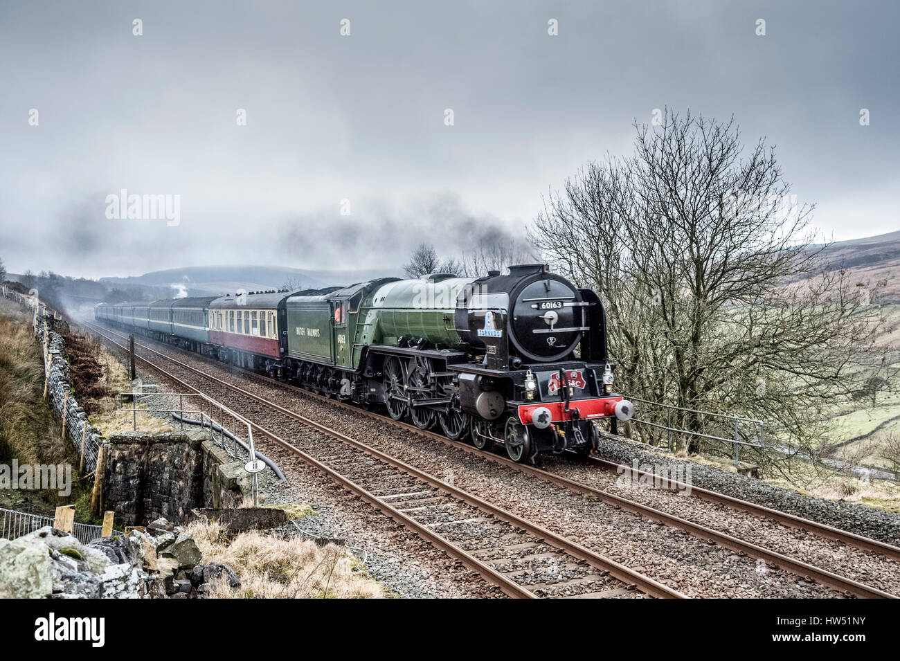 Tornado Steam Train at Garsdale on the famous Settle to Carlisle railway in the Yorkshire Dales Stock Photo