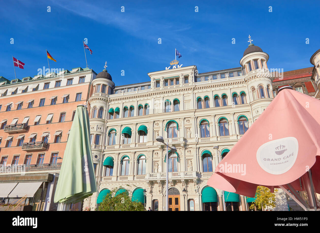 Grand Hotel, KAK Hotel and cafe umbrella, Stockholm, Sweden, Scandinavia Stock Photo