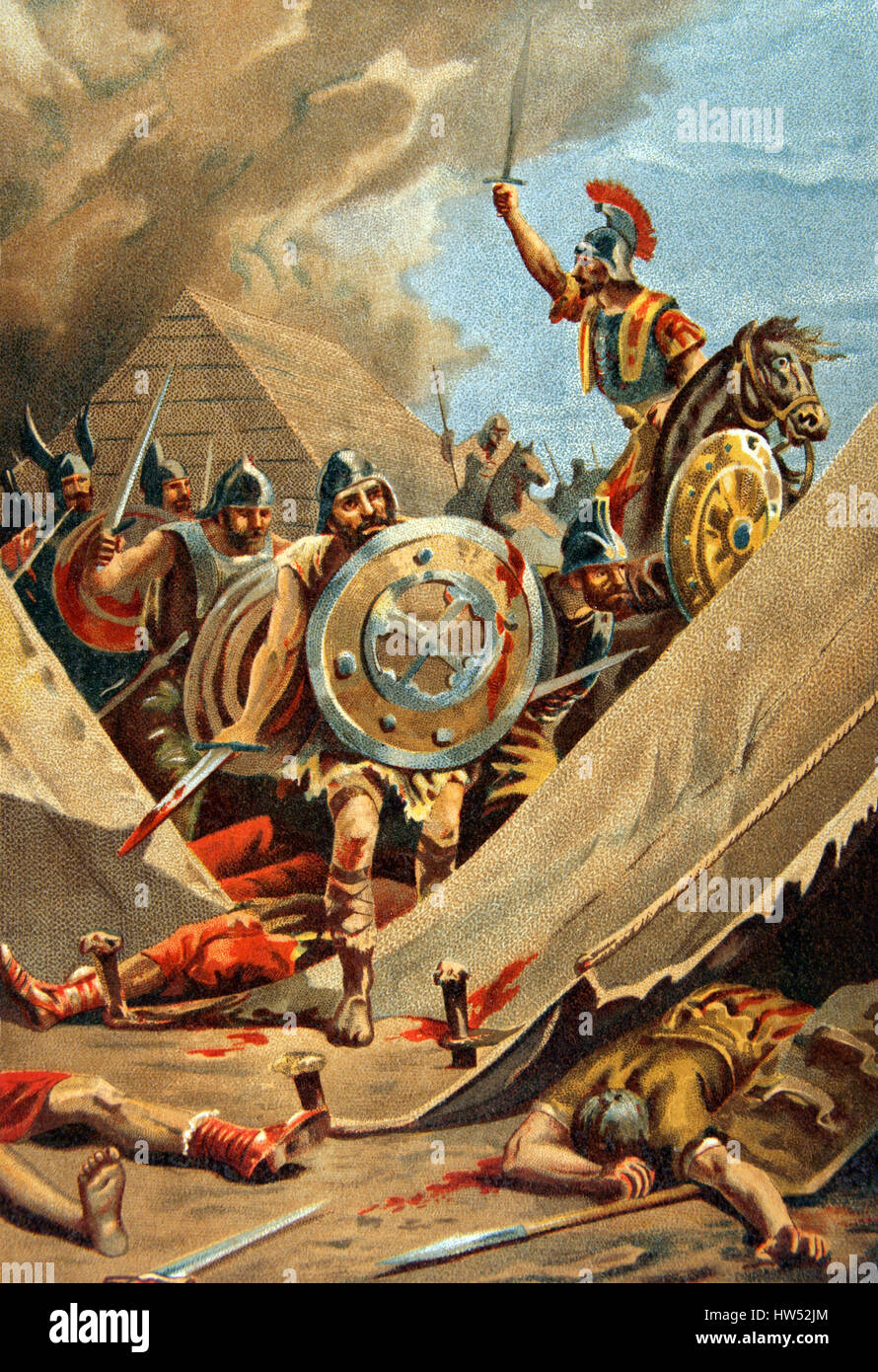 Viriatus (died 139 B.C.). Leader of the Lusitanian people that resisted Roman expansion into western Hispania. Battle near Ourique between Viriatus and Claudio Unimano, praetor governor of the Roman province of Hispania Citerior, (146 B.C.). The Roman troops of Unimano was defeated in that confrontation. 2nd century B.C. Color engraving. 'Glorias Españolas'. Stock Photo