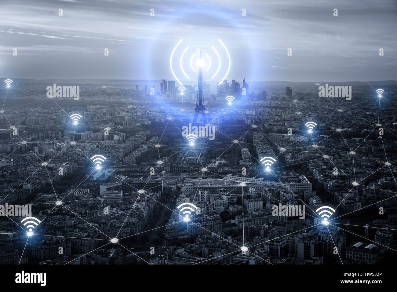 Paris smart city scape and network connection concept, wireless signal of internet in business city. internet connection. social on line business Stock Photo