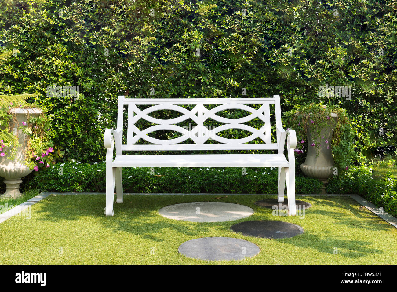 White wood bench chair with bush Background in garden at home Stock Photo -  Alamy