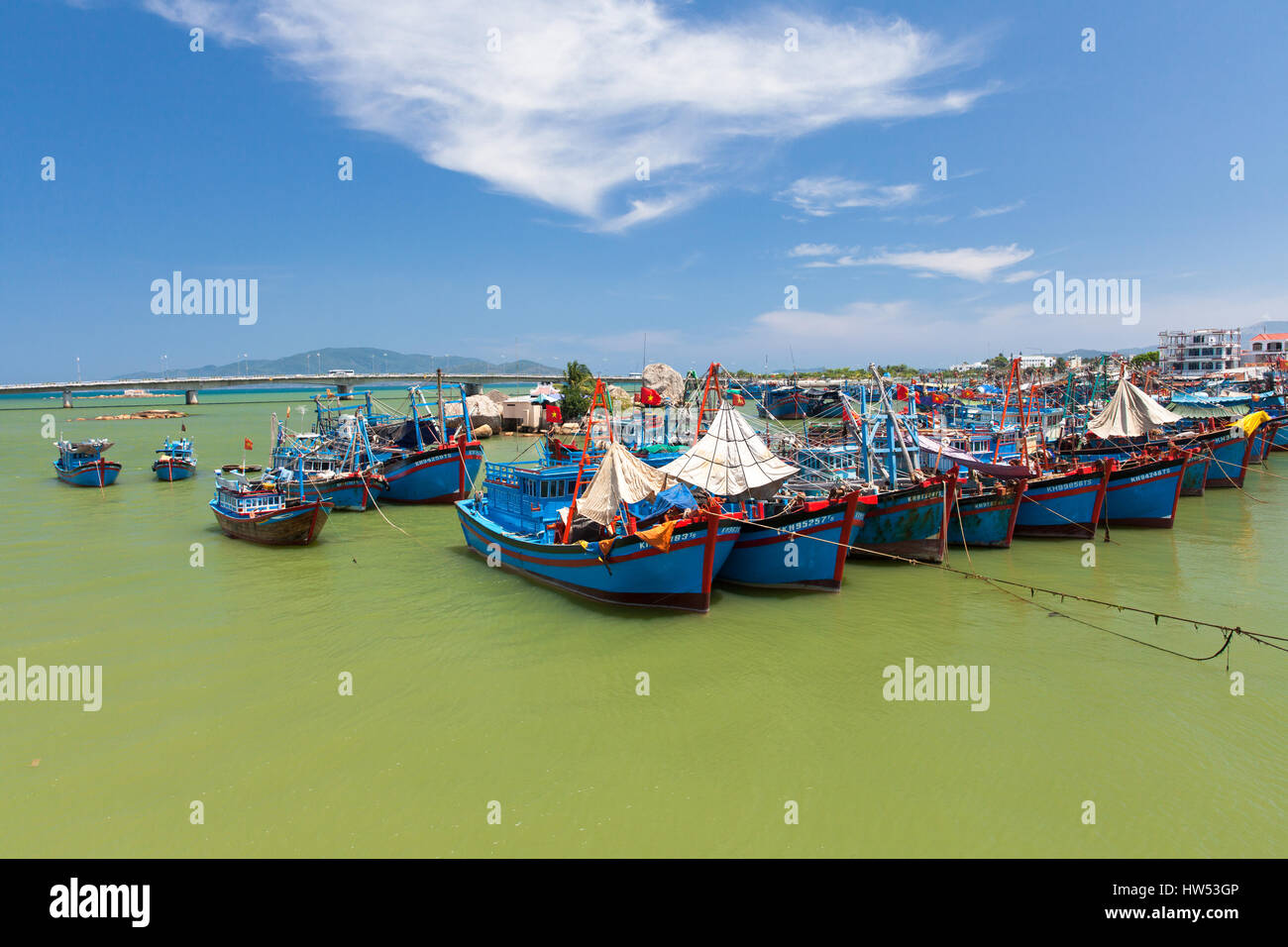 Nah Trang, Vietnam - April 14, 2014: Vietnamese fishing boats in the port near Nha Trang city on April 14, 2014, Vietnam. Stock Photo