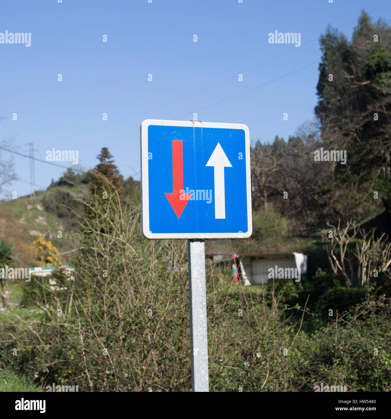 Traffic sign. Priority Over Oncoming Vehicles. Stock Photo
