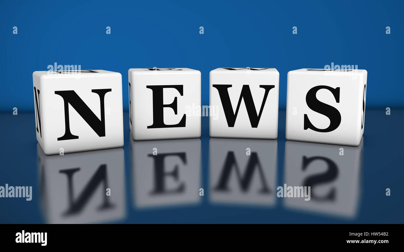 News Sign And Word On Cubes With Reflection On Desk And Blue Stock