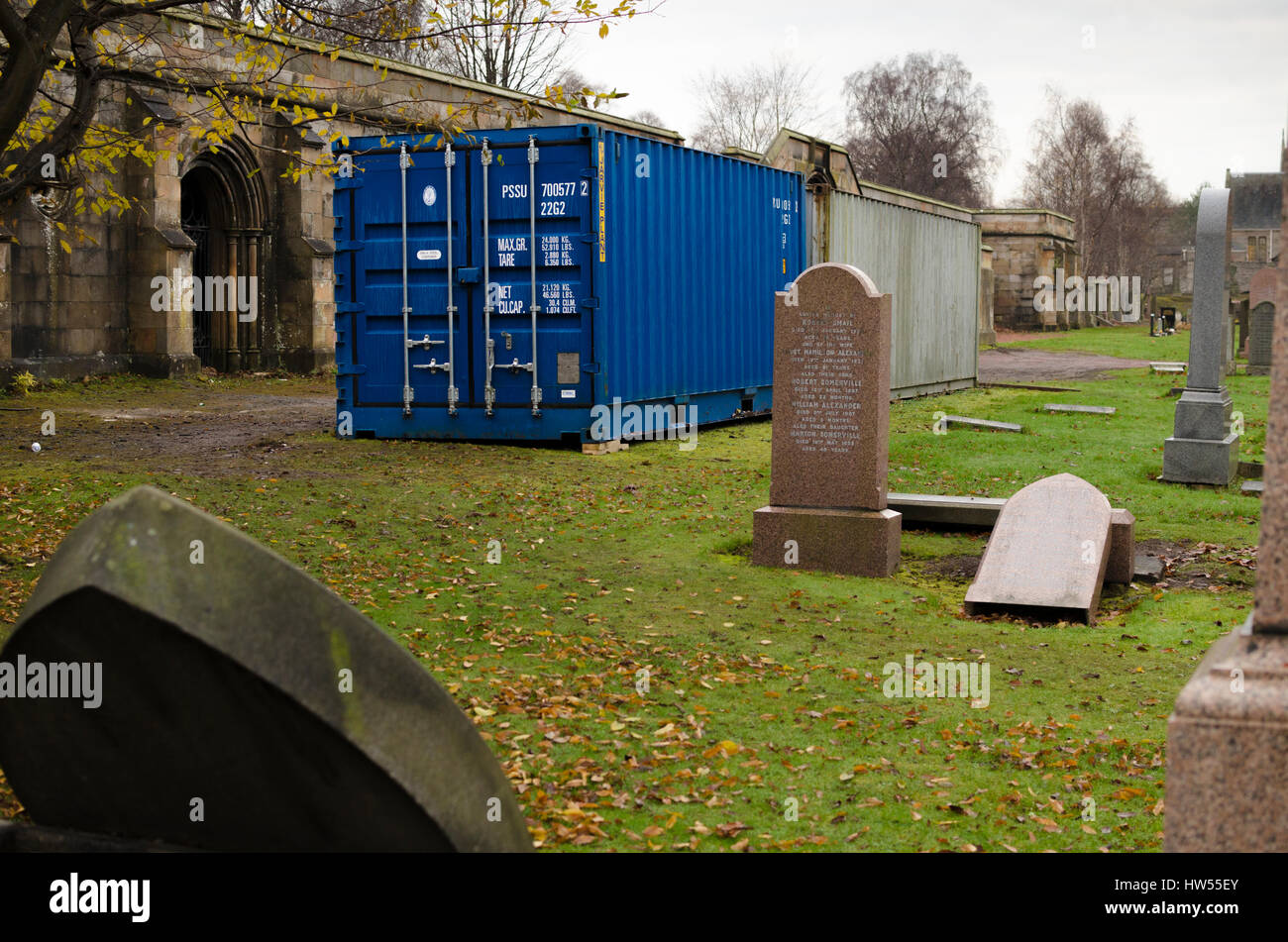Shipping containers used for storage, in Grange Cemetery, Edinburgh