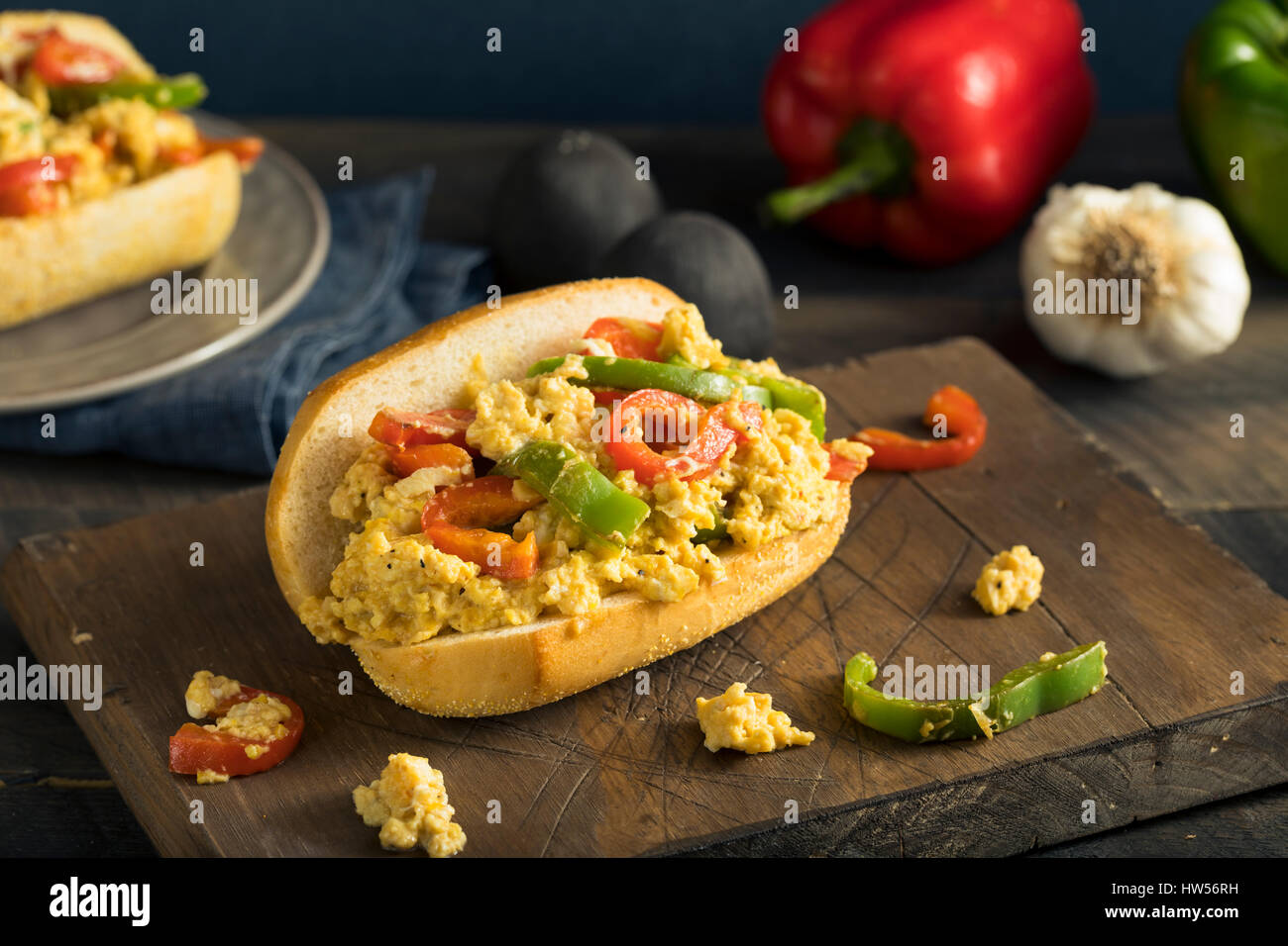 Homemade Pepper and Egg Sandwich on a Roll for Lent Stock Photo