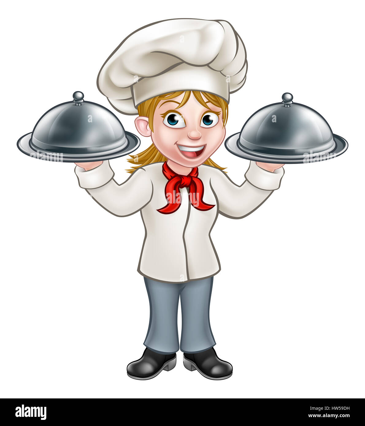 Cartoon woman chef or baker holding a silver cloche food meal plate platter tray Stock Photo