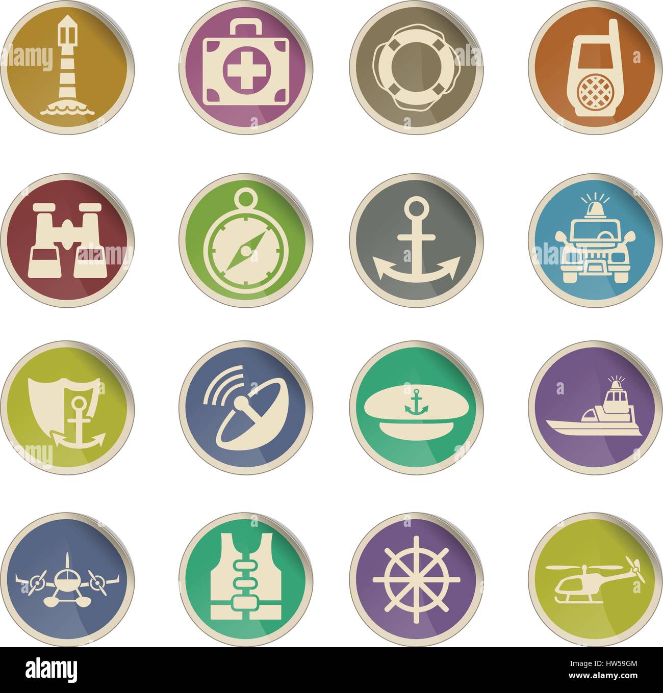 coastguard web icons on color paper labels Stock Vector
