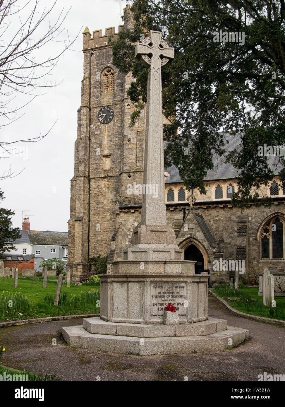 Parish Church of St Giles and St Nicholas, Sidmouth, Devon with war memorial. Stock Photo