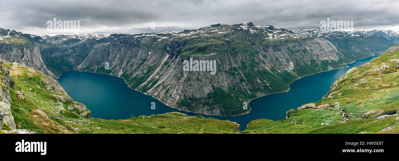 Panoramic view on Ringedalsvatnet lake by cloudy summer day, Norway Stock Photo