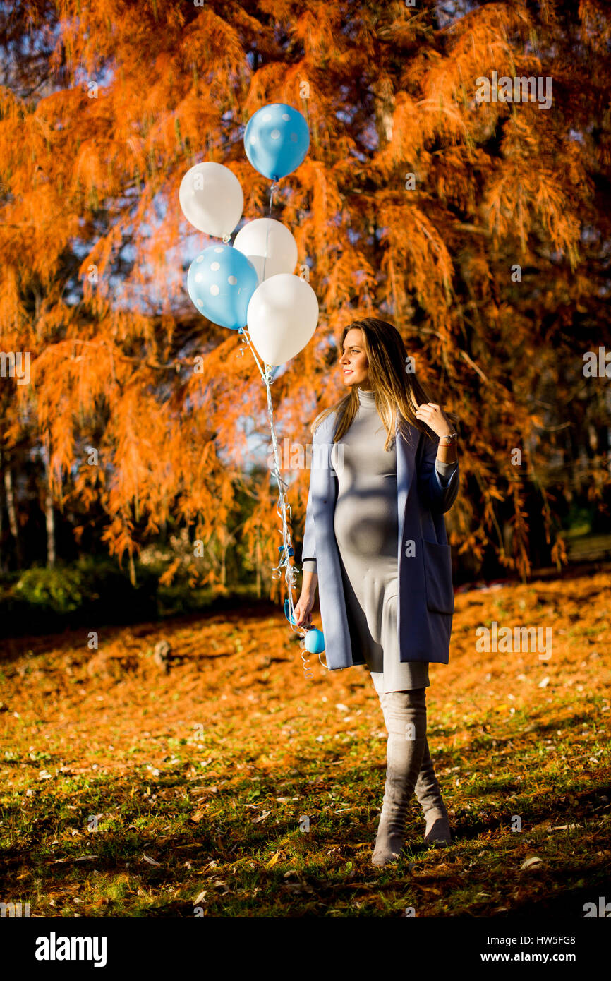 Young pregnant woman walks in autumn park with balloons in hand Stock ...