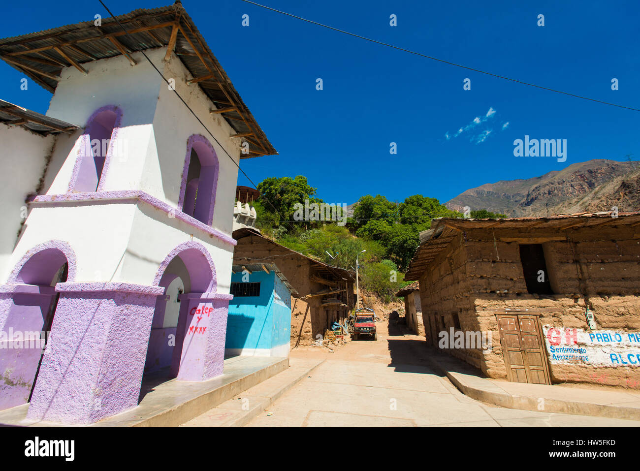 Church and Adobe building in the village of Balsas at Maranon river (Marañón), Province of Amazonas, Peru, South America Stock Photo