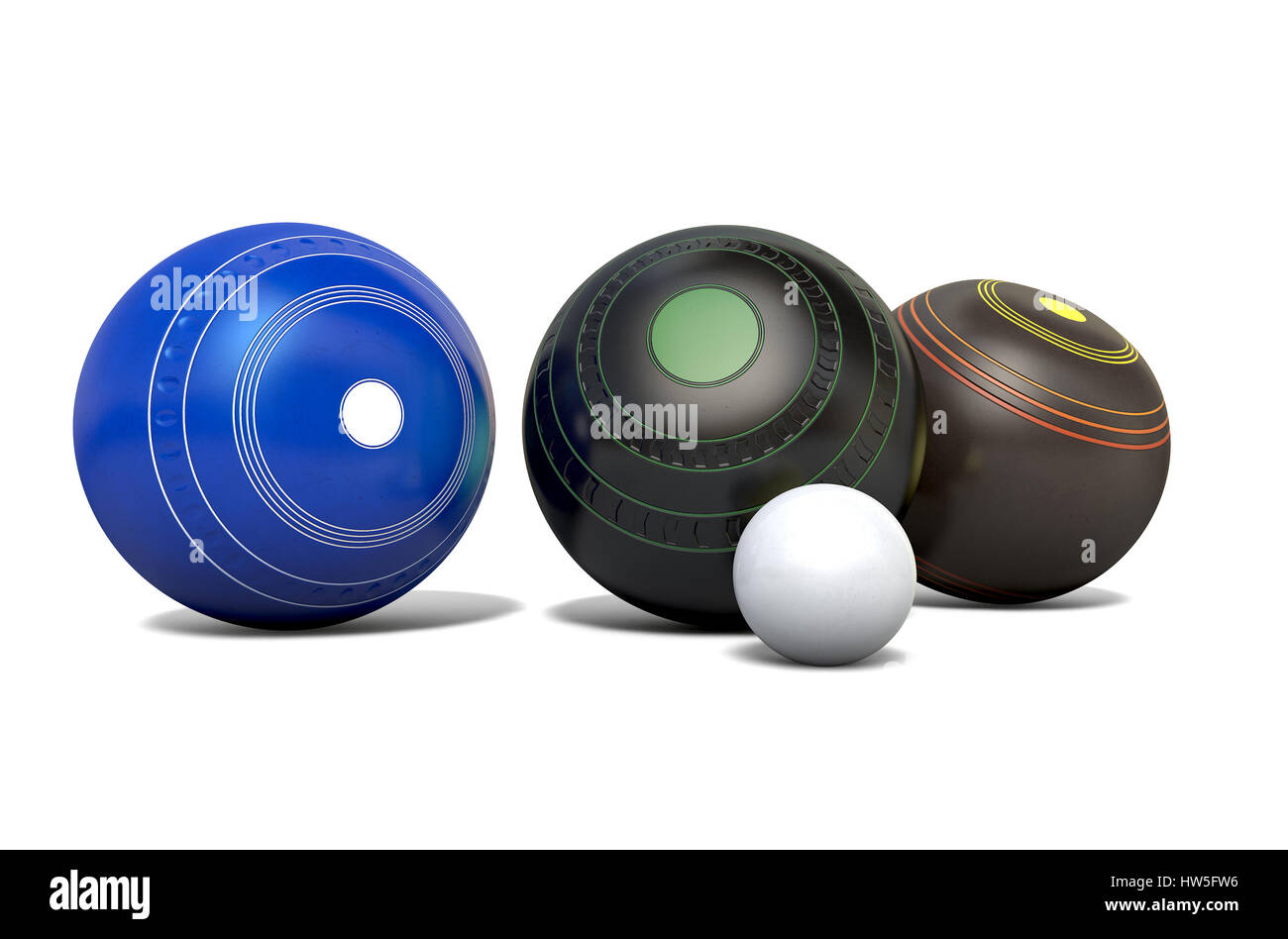 Three different designs of lawn bowling balls surrounding a white jack