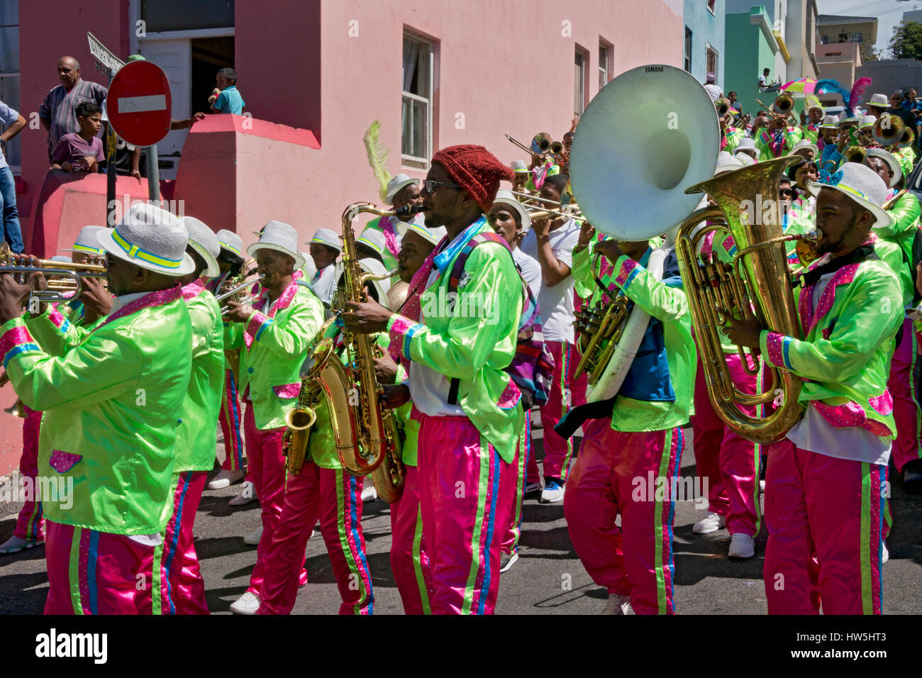 Street parade festival with music band of minstrels and dancers in carnival atmosphere,Bo-Kapp,Malay quarter,Cape Town,South Africa Stock Photo