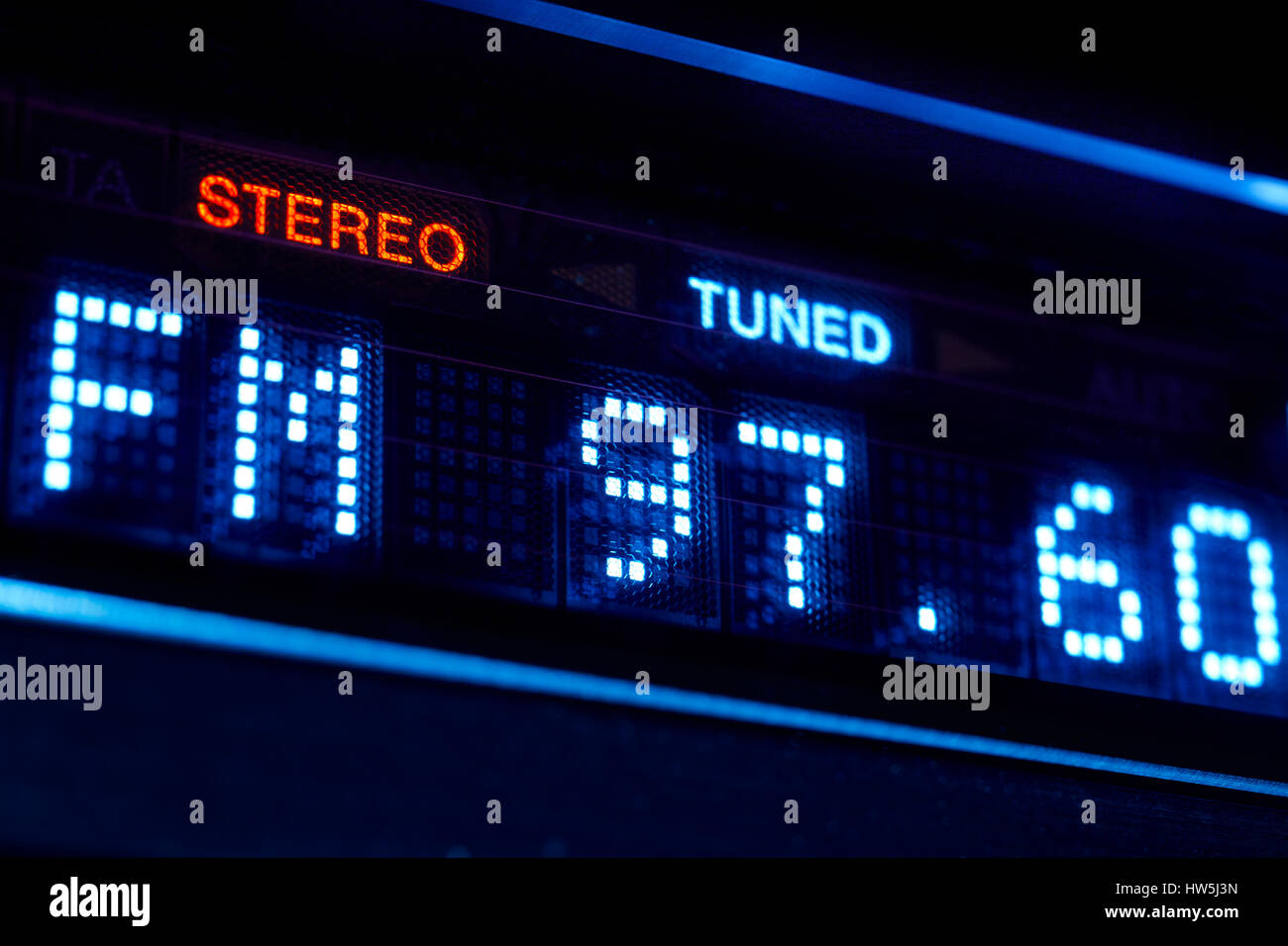 FM tuner radio display. Stereo digital frequency station tuned