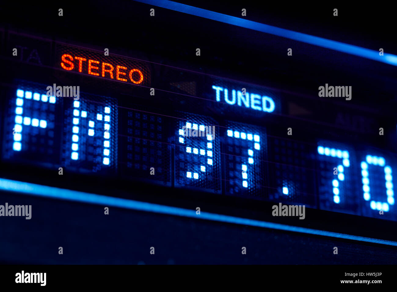 FM tuner radio display. Stereo digital frequency station tuned