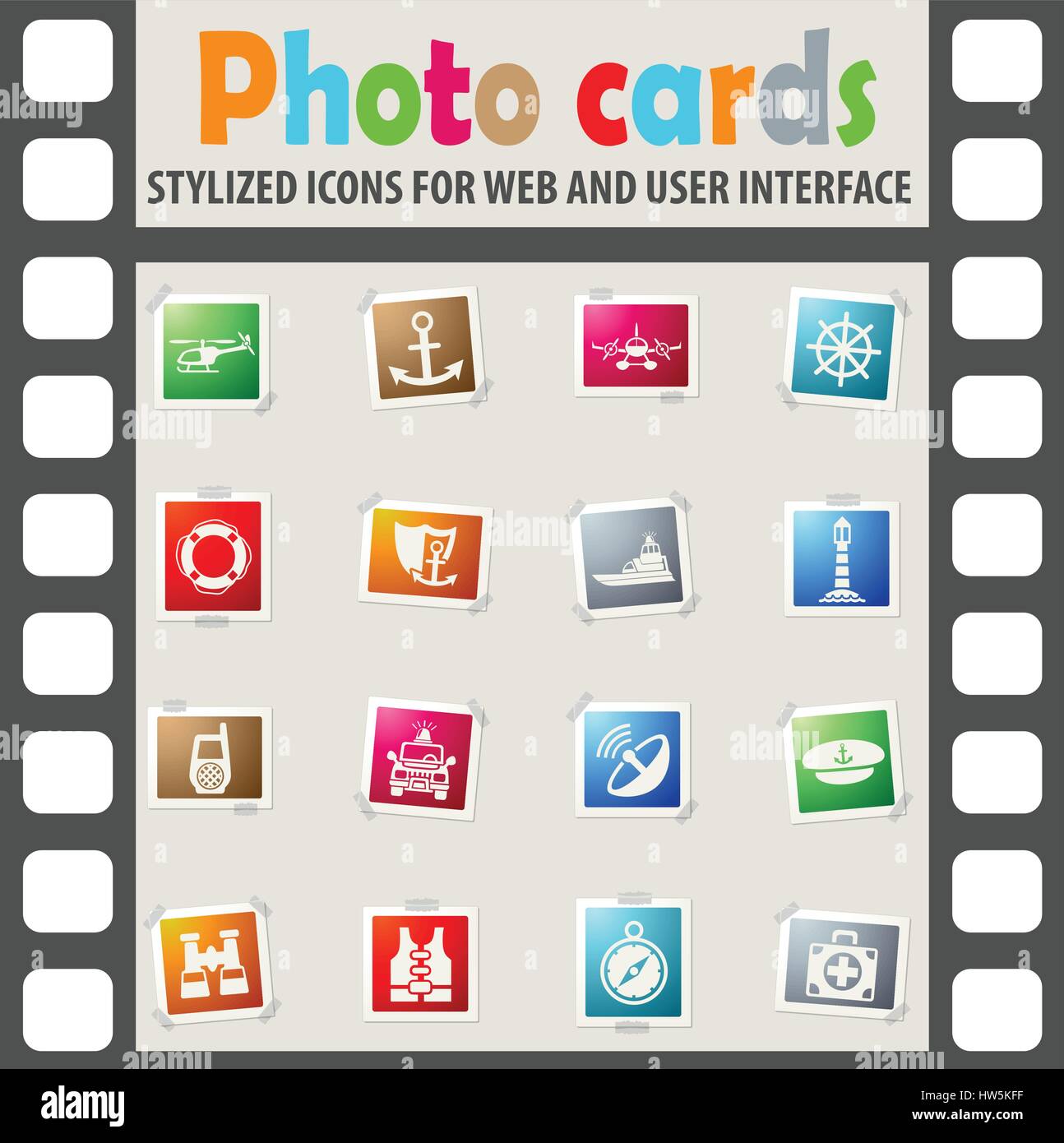coastguard web icons on color photo cards for user interface Stock Vector