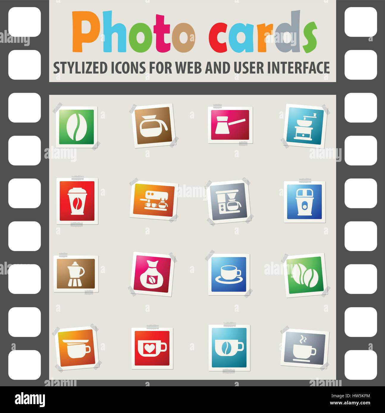 coffee web icons on color photo cards for user interface Stock Vector ...
