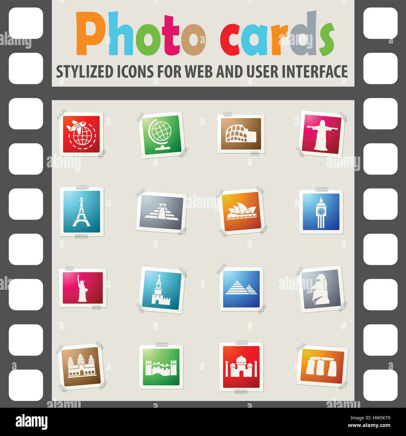 travel and wonders web icons on color photo cards for user interface Stock Vector