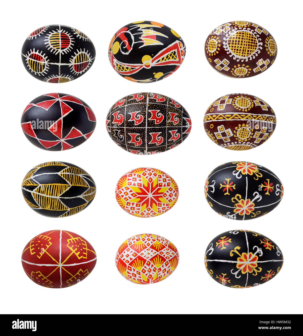 There are pysankas with traditional Ukrainian ornaments and symbols. The Easter eggs are decorated with a pattern using a wax-resist method. Stock Photo