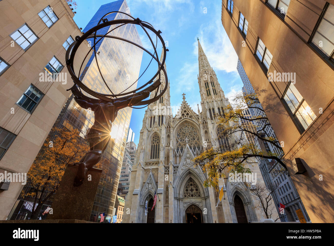 USA, New York City, Midtown Manhattan, Statue of Atlas and St Patrick's Cathedral Stock Photo