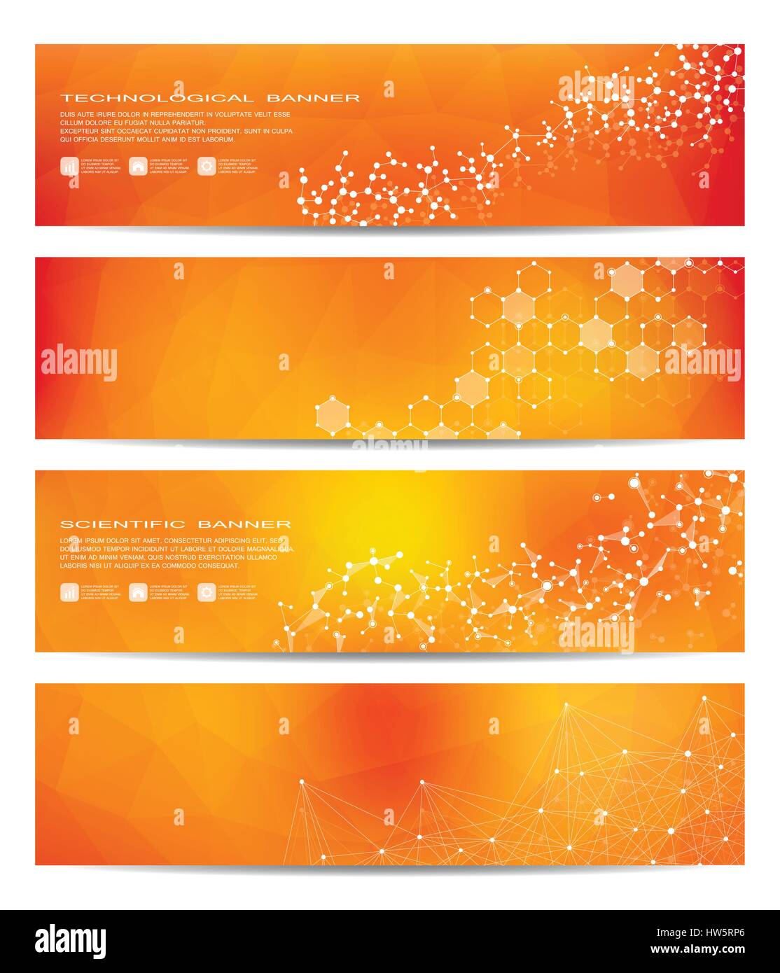 Set of modern scientific banners. Molecule structure DNA and neurons. Abstract background. Medicine, science, technology, business, website templates. Scalable vector graphics. Stock Vector
