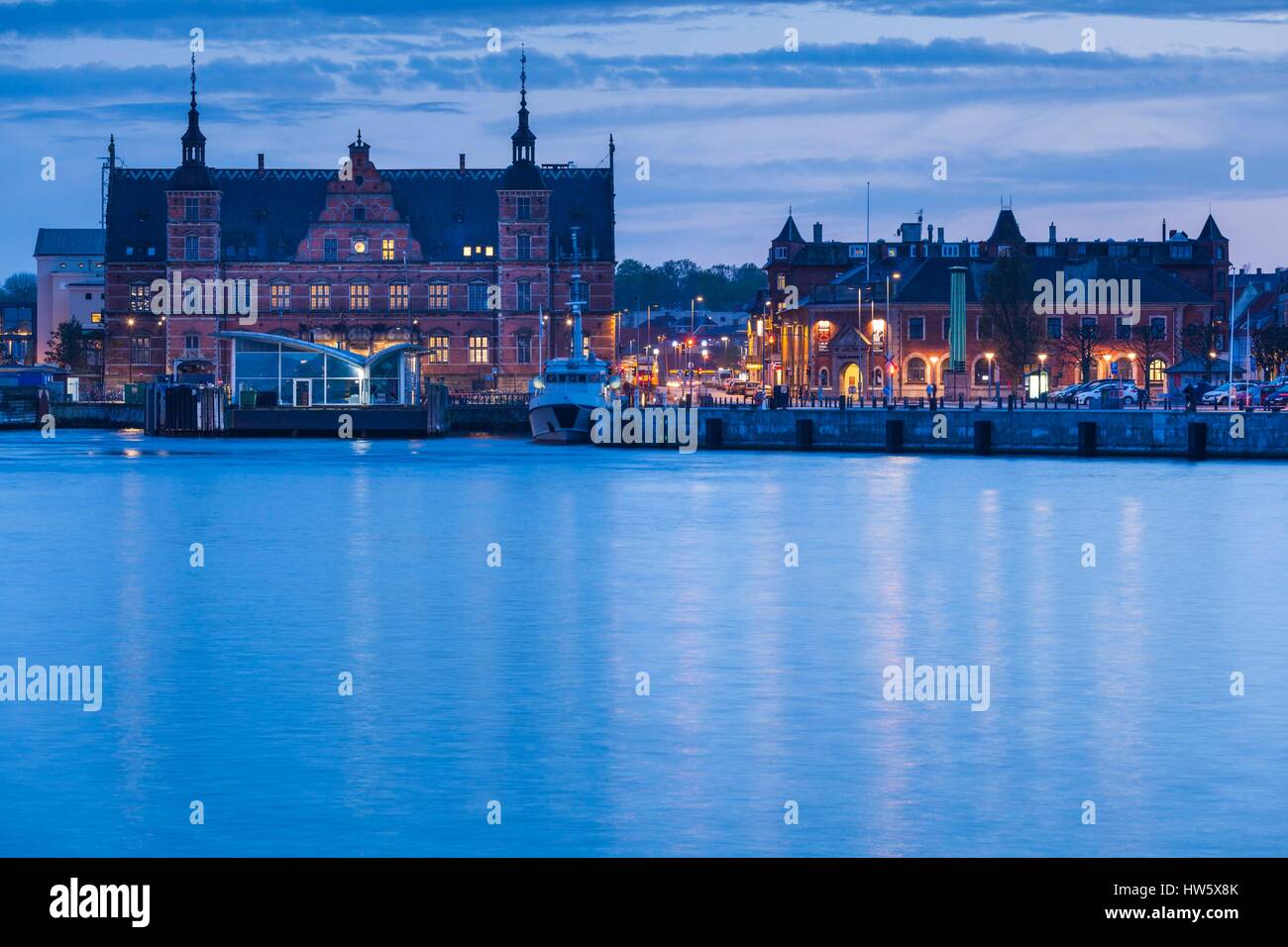 Denmark, Zealand, Helsingor, town view, dusk Stock Photo
