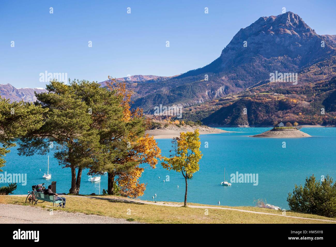 France, Hautes Alpes, Savines le Lac, lake of Serre Ponçon on Durance, in  the background the Peak of Chabrières Stock Photo - Alamy