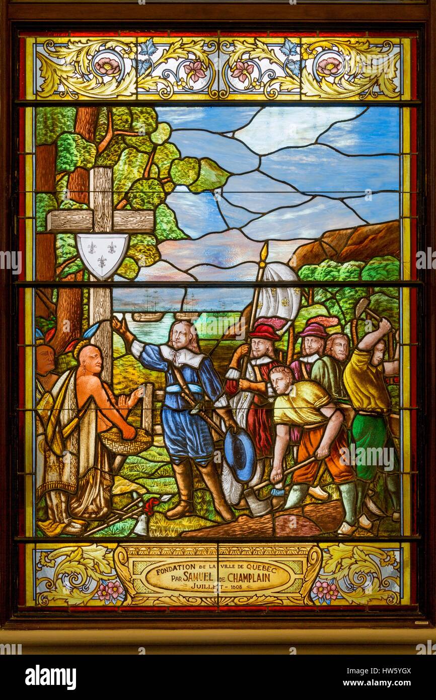 Canada, Quebec province, Quebec City, Quebec parliament, stained glass depicting the founding of Quebec City by Samuel de Champlain in 1608 Stock Photo
