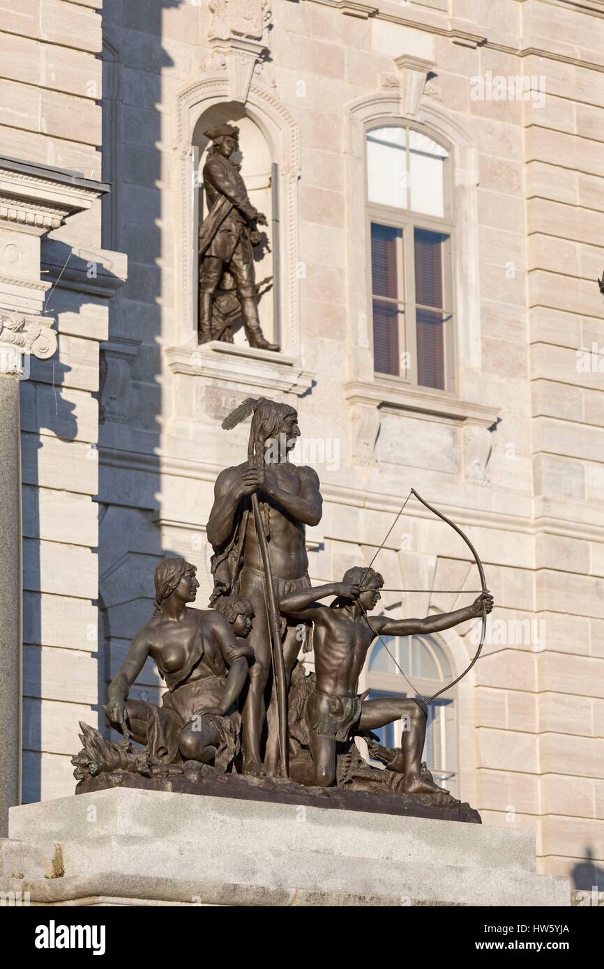 Canada, Quebec province, Quebec City, Parliament Hill, The Parliament, sculptures on the façade, The halt in the forest (1889) represents the Native American family of the Abenaki people Stock Photo