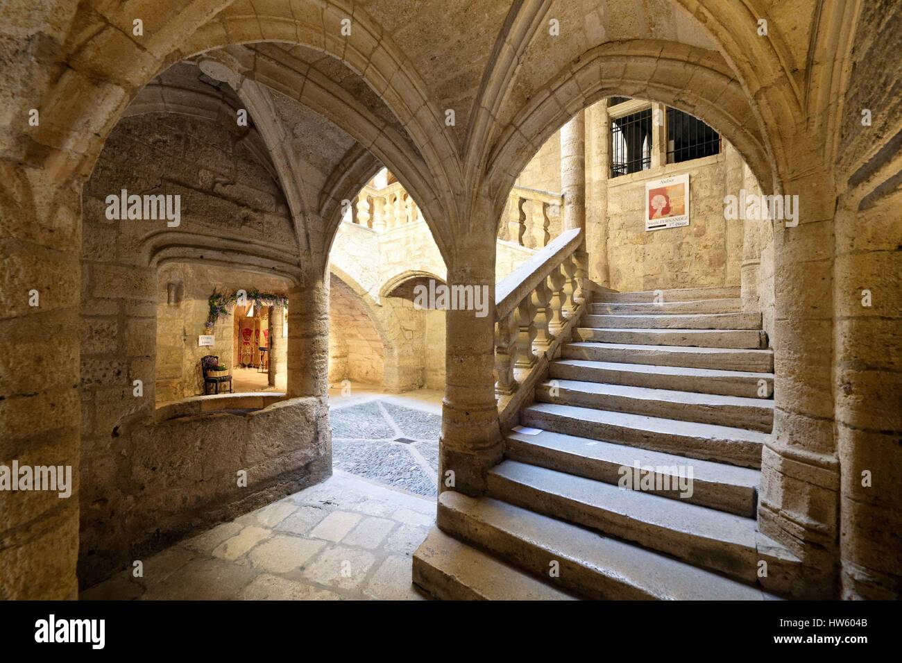 France, Herault, Pezenas, old city, stairs of Hotel de Lacoste Mansion