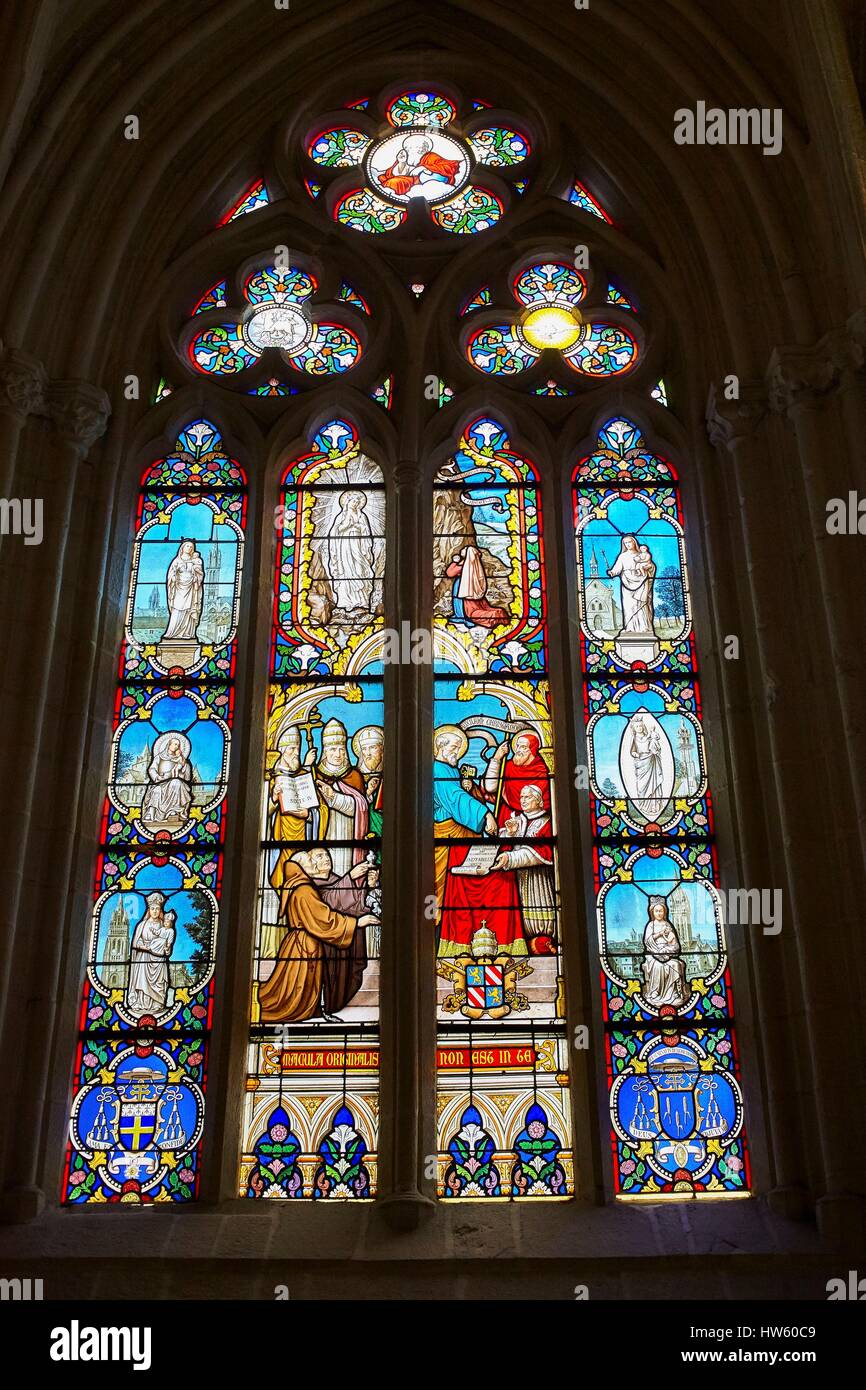 France, Finistere, Quimper, St. Corentin Cathedral, Stained glass window of the Immaculate Conception dogma Stock Photo