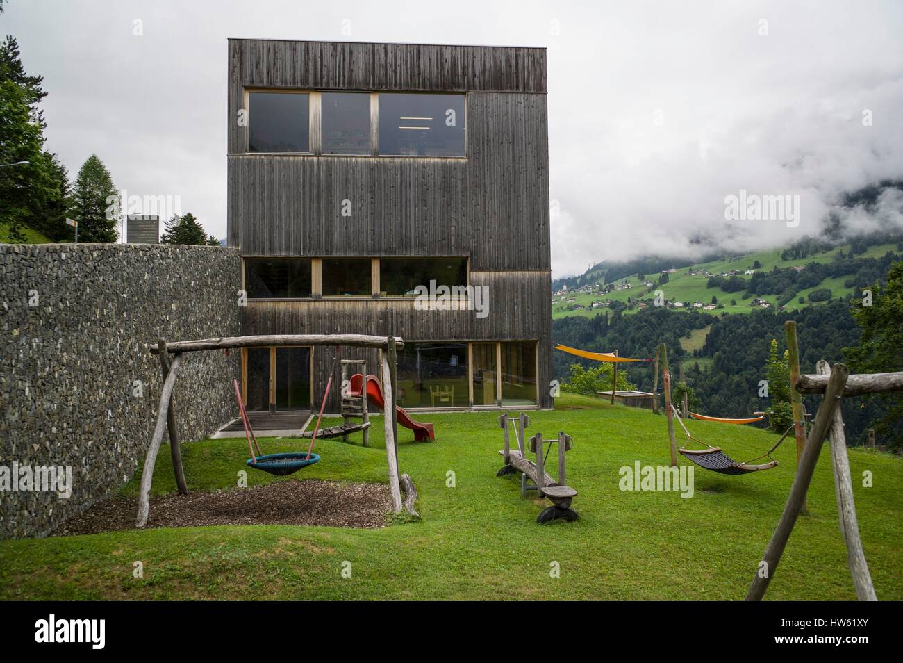 Austria, Vorarlberg, Great Walser Valley, Sankt Gerold, Town Hall of the cabinet Cukrowicz Nachbaur Architekten Stock Photo